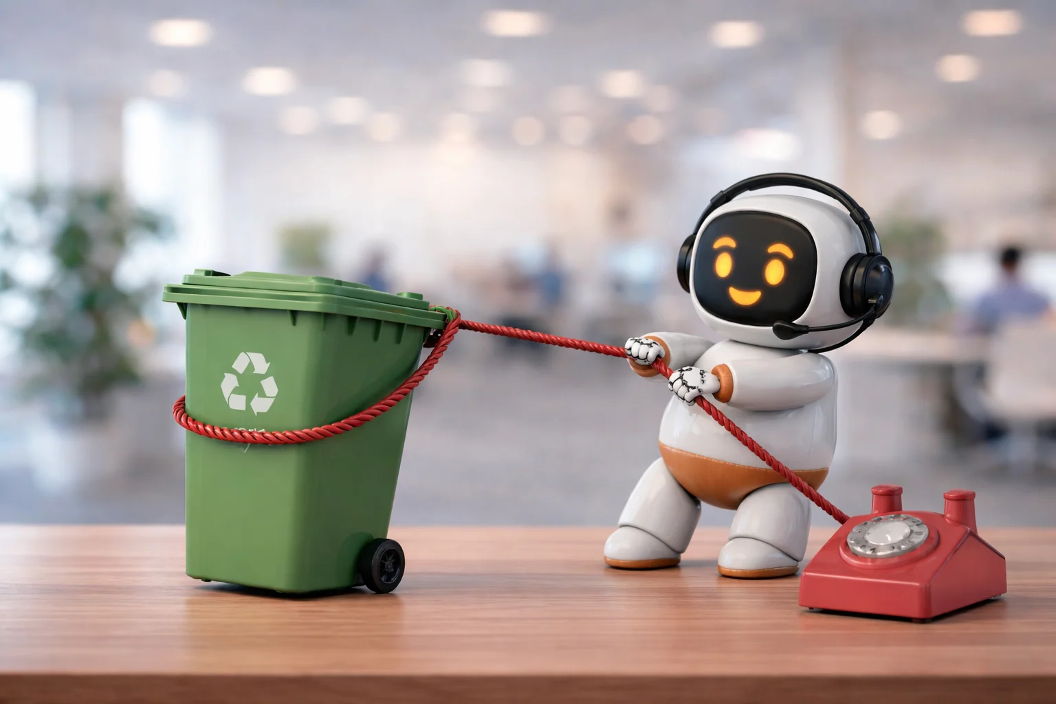KI-Voicebot Qonny von SYNQONY mit Headset zieht symbolisch eine Mülltonne und steht für digitale Abfallberatung